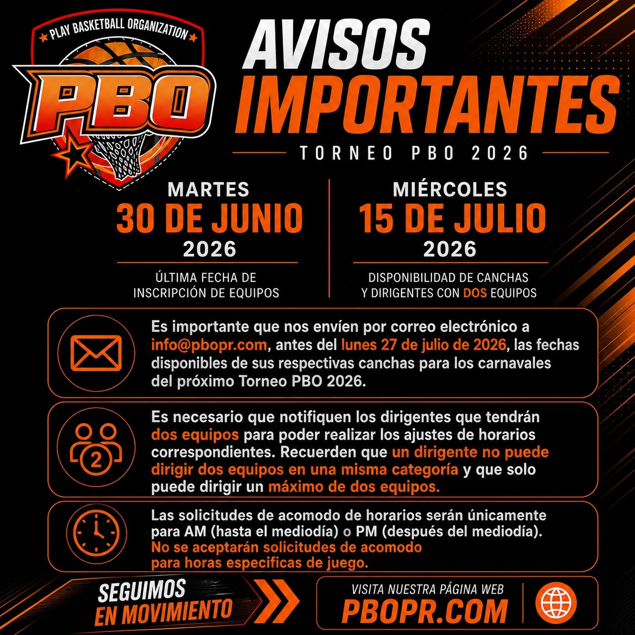Avisos importantes del Torneo PBO 2026